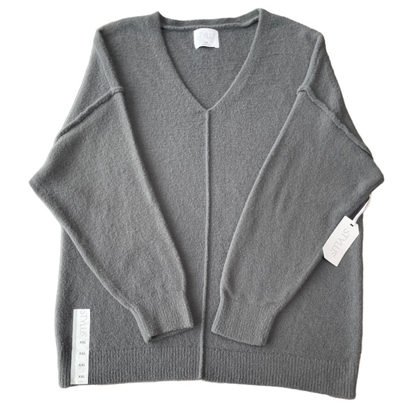 Soft Grey V Neck Cozy Slimming Look Long Sleeve Pullover Sweater Plus Size XXL - Picture 9 of 11